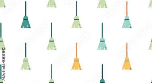 Seamless pattern of cartoon brooms in various pastel colors on a white background, flat design.