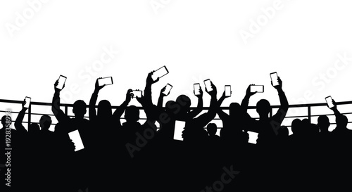 A black silhouette of a crowd of spectators at a concert or event holding up their smartphones to record the show.