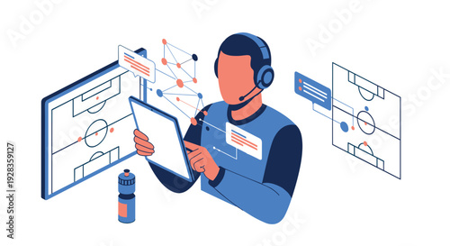 A sports analyst with a headset studies soccer game tactics on a digital tablet and multiple screens in a futuristic, data-driven environment.