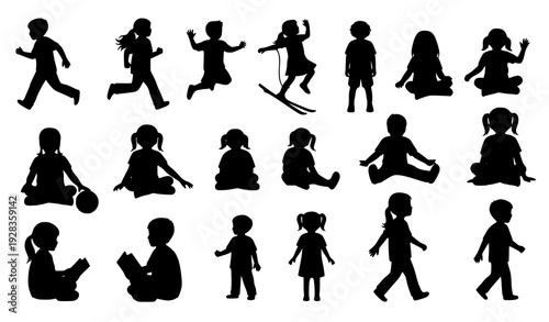 Children silhouette collection in various playful actions isolated on white