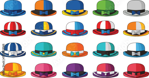 Colorful bowler hat collection illustration, vintage gentleman fashion accessories, classic derby hats set, retro headwear icons isolated vector design