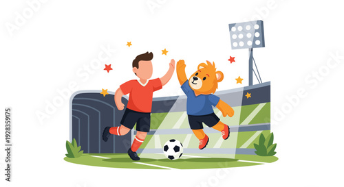 A young soccer player and a friendly lion mascot celebrate with a high-five on a stadium field during a sunny day match with a ball.