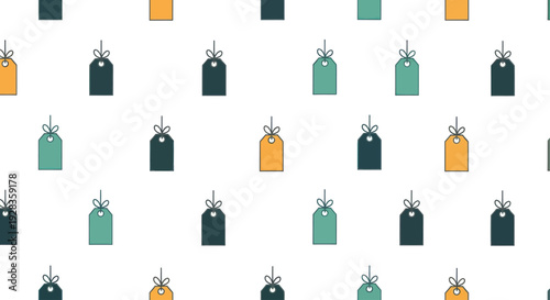 Seamless pattern of flat design price tags in muted colors on white background