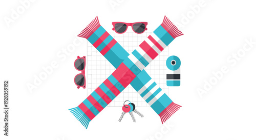 A flat lay arrangement of sports fan accessories, including two crossed striped scarves, sunglasses, and keys, is organized on a white background.