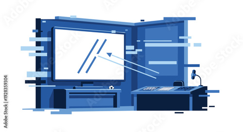 A blue-toned illustration of a high-tech video assistant referee room with a large screen, control console, and digital glitch effects.