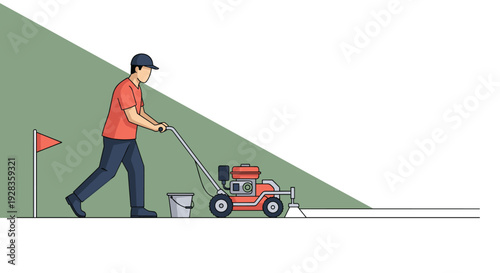 A groundskeeper uses a line marking machine to paint a white boundary line on a green sports field next to a single red corner flag.
