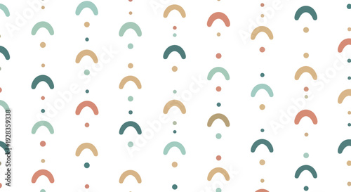 Abstract minimalist pattern with arcs and dots in muted pastel colors, seamless vector design