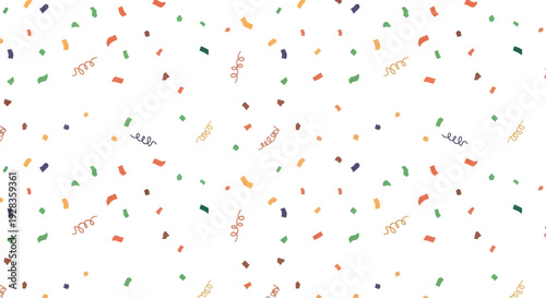 Festive confetti and streamers falling on a white background, flat design vector illustration.