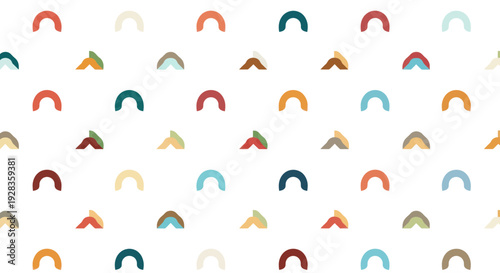 Abstract geometric shapes pattern with arches and triangles in muted colors on white background