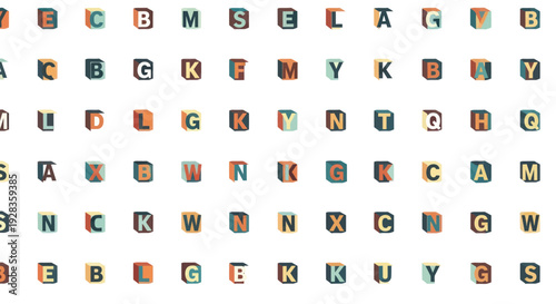 Colorful 3D alphabet blocks with retro color palette, arranged in a grid pattern on a white background.