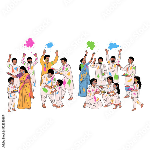 Vibrant group celebrating Holi festival with colorful powders