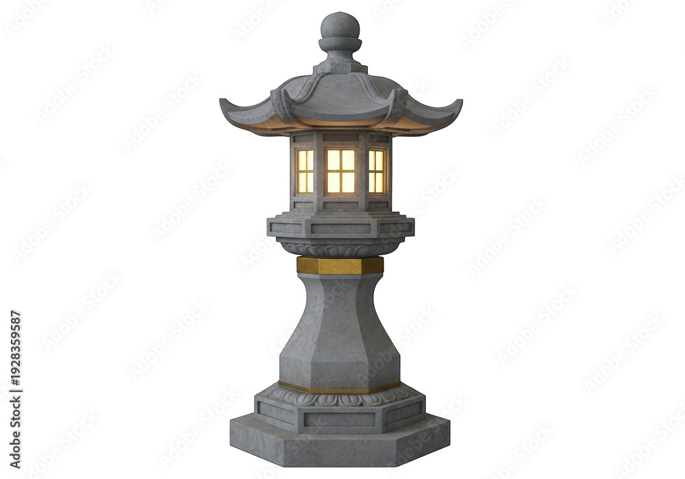 Fototapeta premium Gray stone Asian-style lantern with gold accents and lit interior isolated on transparent background