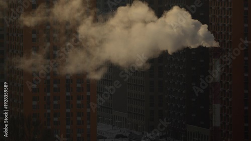 Urban pollution scene with smoke rising from industrial chimneys, city skyline obscured by smog, environmental impact, air contamination