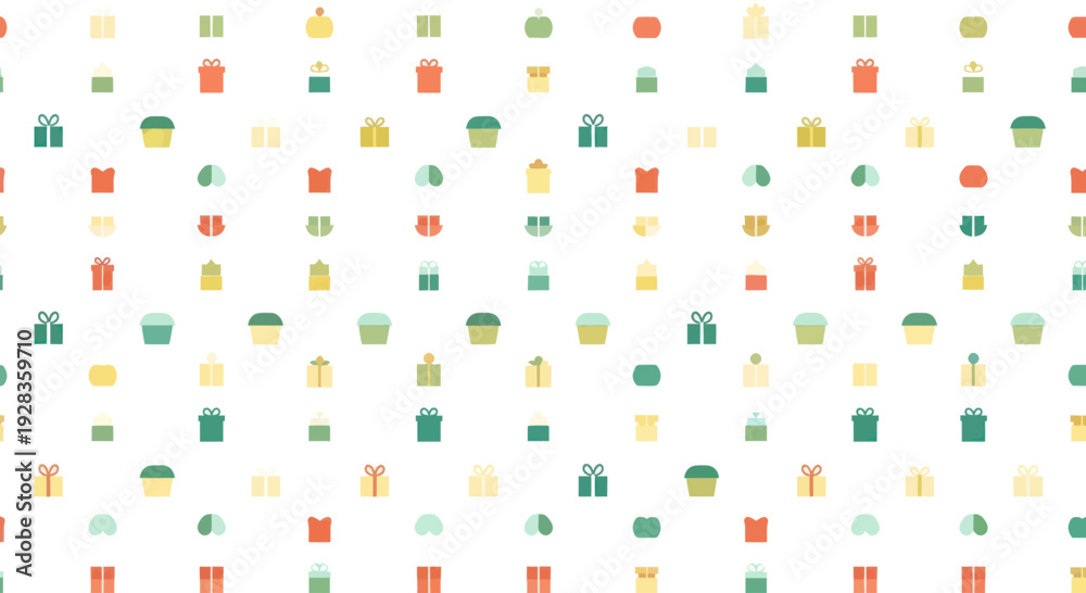 Naklejka premium Retro pattern of small gift boxes and cupcakes on white background, flat design vector