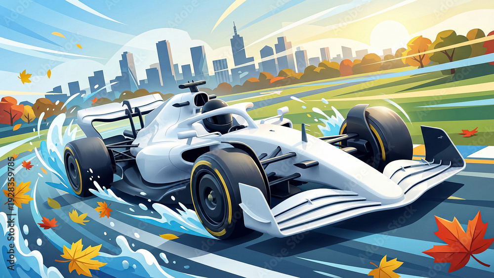Naklejka premium dynamic illustration of a white race car speeding through water and autumn leaves against a city skyline
