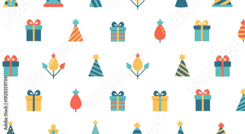 Flat design pattern of colorful birthday gifts and party hats on a white background