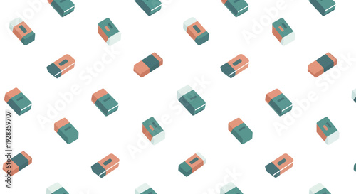 Seamless pattern of isometric erasers in various colors on a white background, flat design style