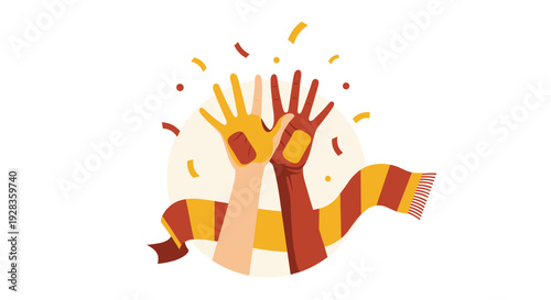 An illustration of two hands with different skin tones giving a high five, symbolizing teamwork and celebration with a team scarf and confetti.