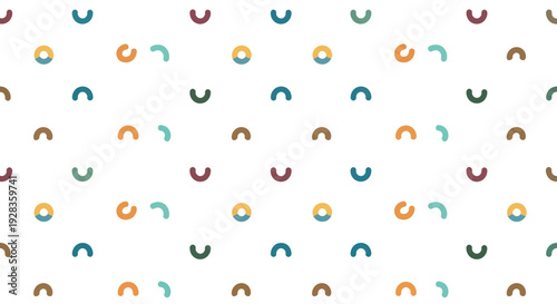 Geometric abstract pattern with small arcs and circles in muted colors on a white background, vector art.