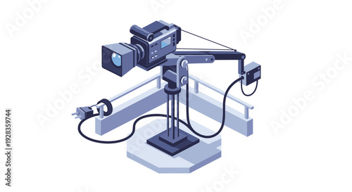 An isometric vector illustration of a professional television broadcast camera mounted on a crane for filming a live sports or media event.