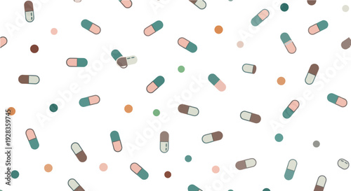 Seamless pattern of capsule pills and dots in pastel colors, flat design vector.