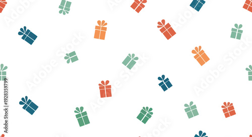 Simple flat design of scattered colorful gift boxes on a white background, festive, graphic resource.