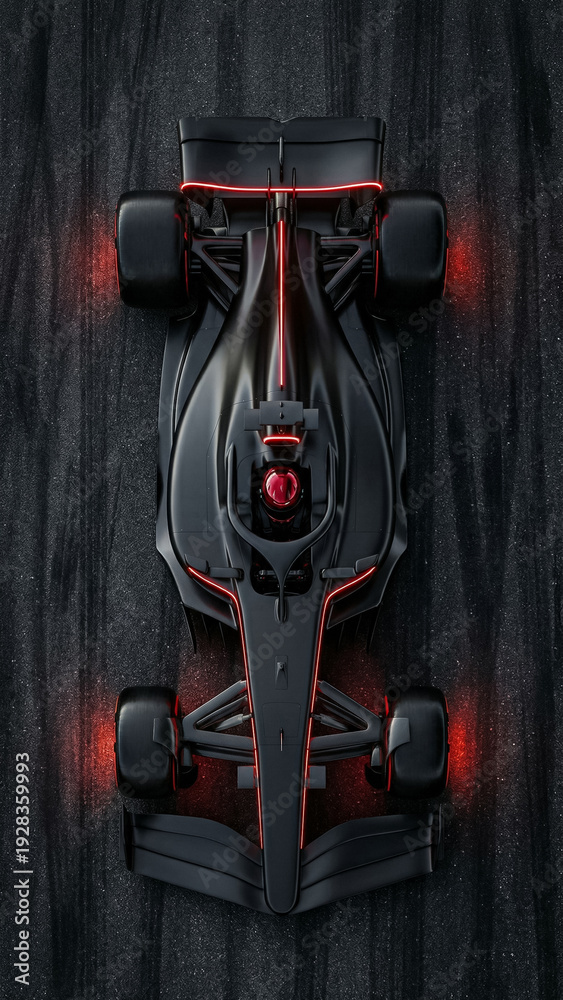 Fototapeta premium top view of black matte formula 1 car with neon red lines on dark asphalt