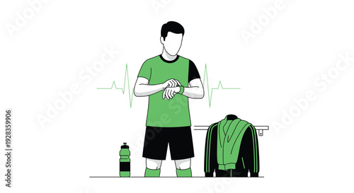 A male athlete in a green jersey stands on a white background checking his fitness tracker after a workout, with his water bottle and jacket nearby.