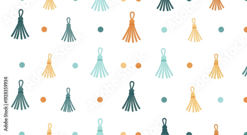 Seamless pattern of decorative tassels in muted colors with scattered dots, flat vector design.