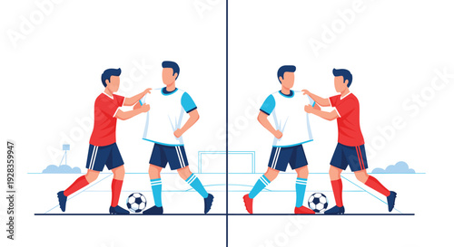 A mirrored composition shows two opposing soccer players on a field respectfully exchanging their jerseys after a match as a sign of sportsmanship.