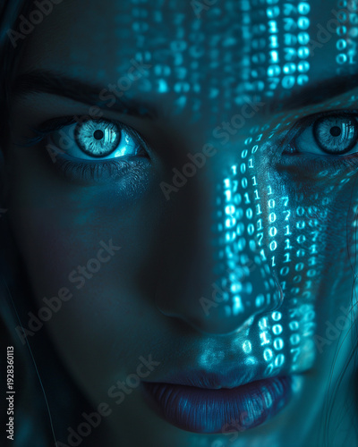 Futuristic Woman Face with Digital Code Projection – AI Technology Concept