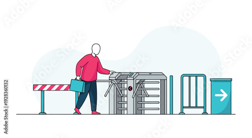 A minimalist vector illustration of a man in a red sweater with a briefcase using a card to pass through a modern tripod turnstile gate at an entry point.