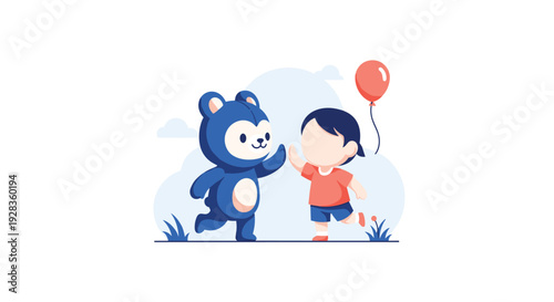 A charming flat illustration of a little girl with a red balloon giving a high-five to a friendly blue bear mascot on a grassy field under a cloudy sky.