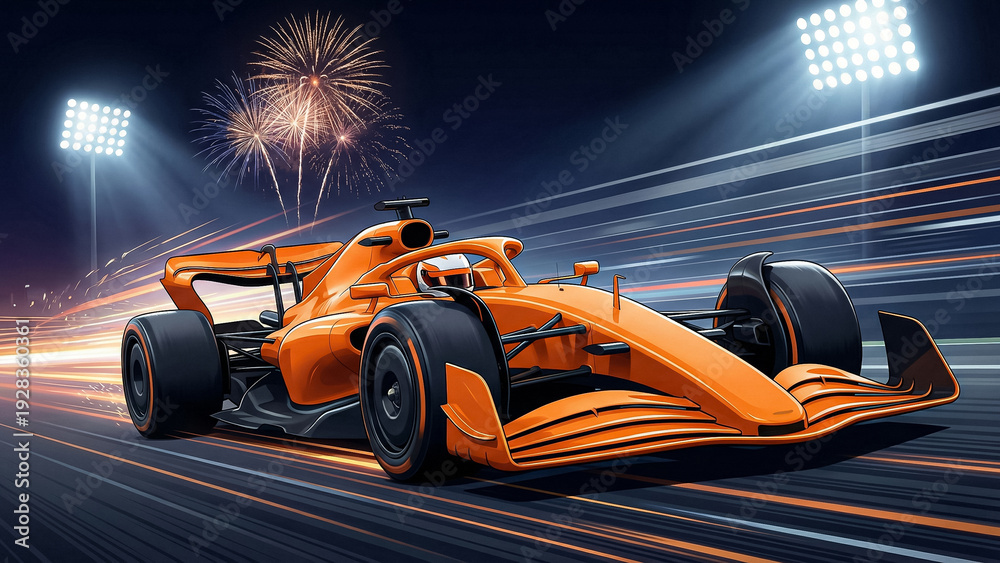 Fototapeta premium orange racing car on a night track with speed effect and fireworks in the background bright spotlights formula one grand prix f1 one 2026 festive race professional motorsport night show