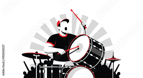 A dynamic black, white, and red graphic illustration of a drummer in a cap energetically playing a drum set in front of a cheering crowd silhouette.
