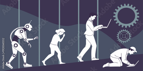 Evolution of human development and technological advancement depicted in a stylized illustration Vector