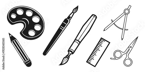 A collection of art and craft tools including a palette, scissors, and compass. Vector