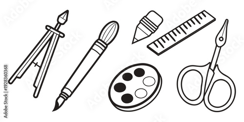Assorted art supplies including pencils, brushes, and a palette. Vector