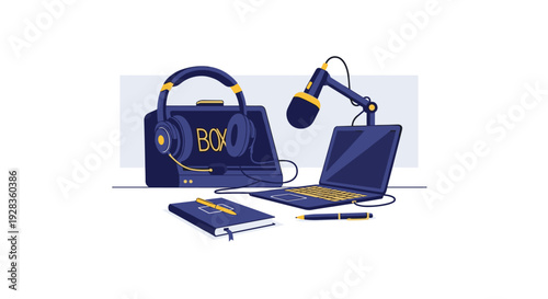 A pixel art illustration of a complete podcasting setup including a laptop, microphone, headphones, and a notebook arranged on a desk for broadcasting.