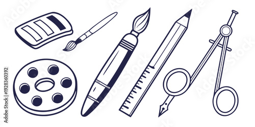 A variety of drawing and design tools including compasses, protractors, and pens Vector