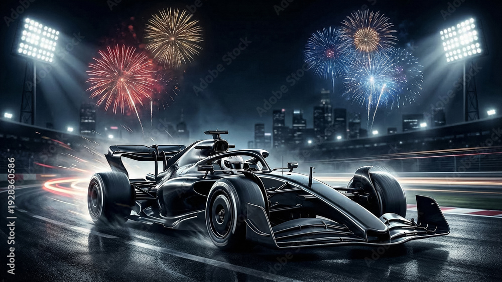 Fototapeta premium black formula 1 car racing on city night track with colorful fireworks sky