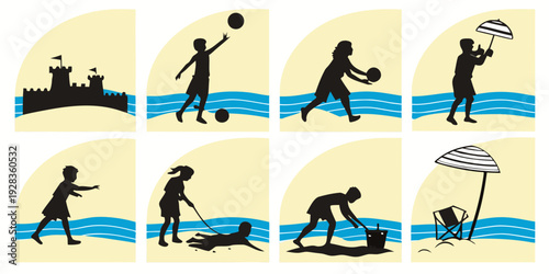 A series of illustrations depicting various activities people engage in at the beach Vector