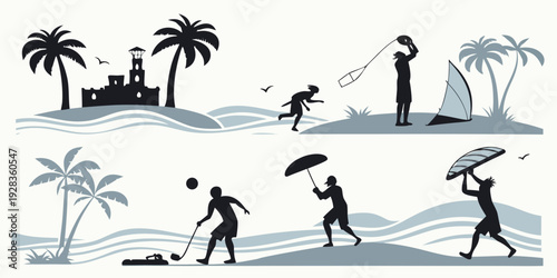 People engaging in various activities on a tropical beach with palm trees Vector