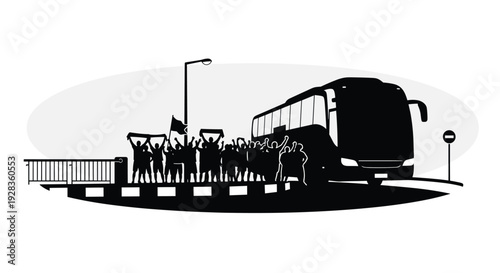 A silhouette of excited sports fans with scarves and flags cheering for their team's bus on the side of a road.