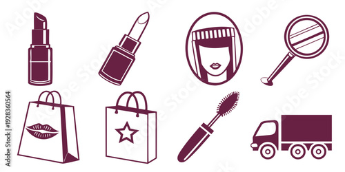 Assorted beauty and shopping items including makeup, shopping bags, and delivery truck. Vector