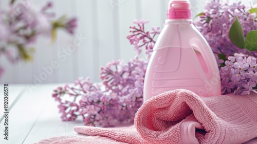 A pink laundry detergent bottle rests on a soft pink towel surrounded by blooming lilac flowers. The scene conveys freshness and cleanliness.