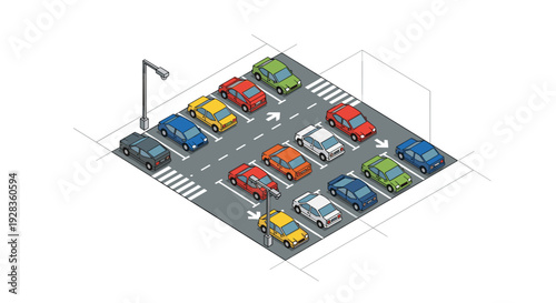 An isometric pixel art illustration of a full parking lot with various colorful cars parked in designated bays with arrows and crosswalks.