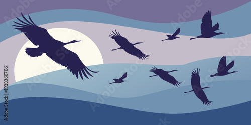 A flock of birds flying over a moonlit sea under a starry sky Vector