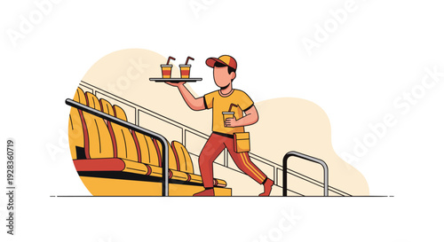 A stadium food vendor in a cap and uniform carries a tray of drinks up the stairs past empty rows of spectator seats.