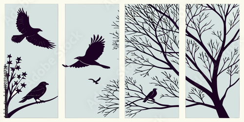 A flock of birds flying over a dense forest in the early morning light Vector